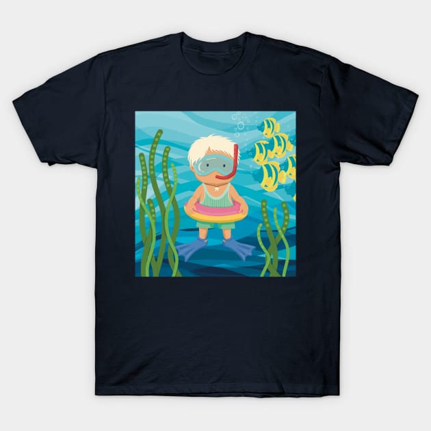 Cute little boy is on vacation  snorkeling in the turquoise sea T-Shirt by marina63